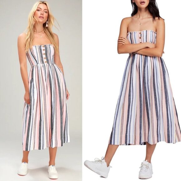 Free People Lilah Midi Dress Size XS Striped Rayon Bohemian Button Convertible - Picture 2 of 13